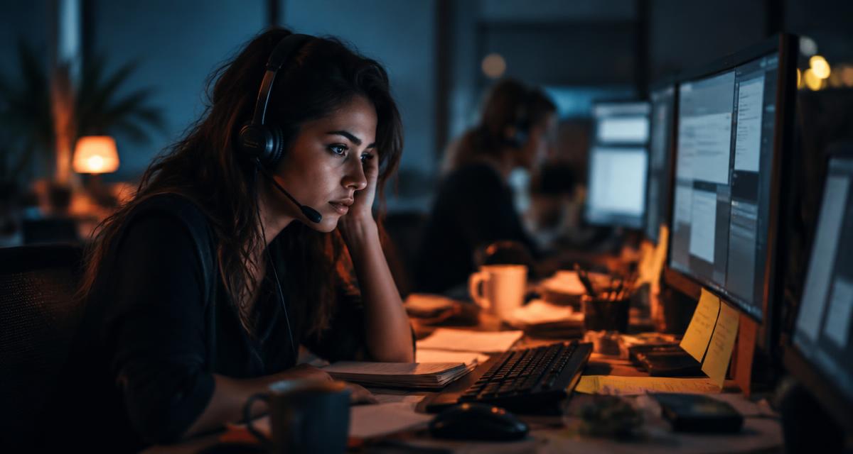 Contact center agent concentrating at a busy desk in low light